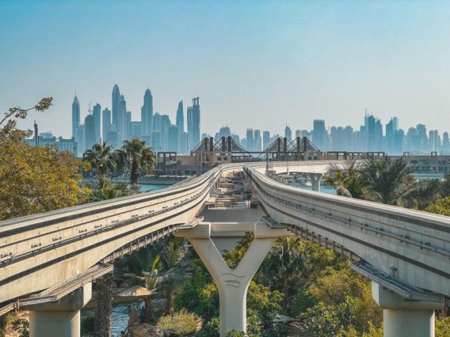 view from promenade and tram monorail in the palm jumeirah isaland in dubai UAE