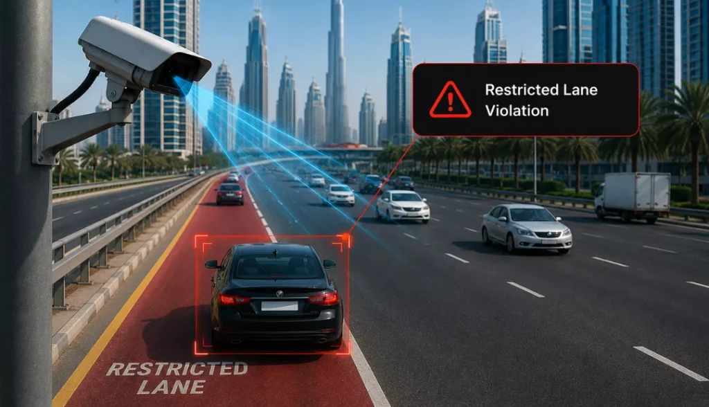 Driving on restricted lanes : rule of Dubai traffic AI Radar Violations